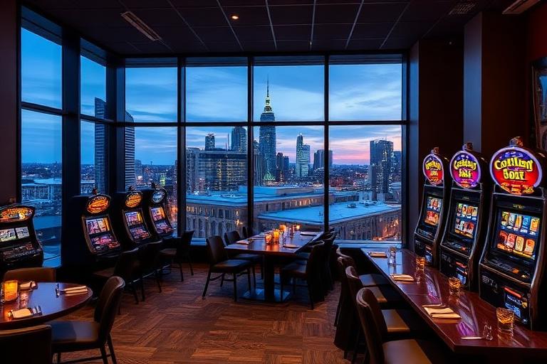 Perth Grand Gaming modern steakhouse and pokies room with urban views